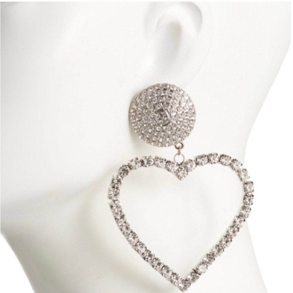 KENNETH JAY LANE Crystal Studded Heart Dangle Earrings / Silver Tone & Crystals - Picture 12 of 12